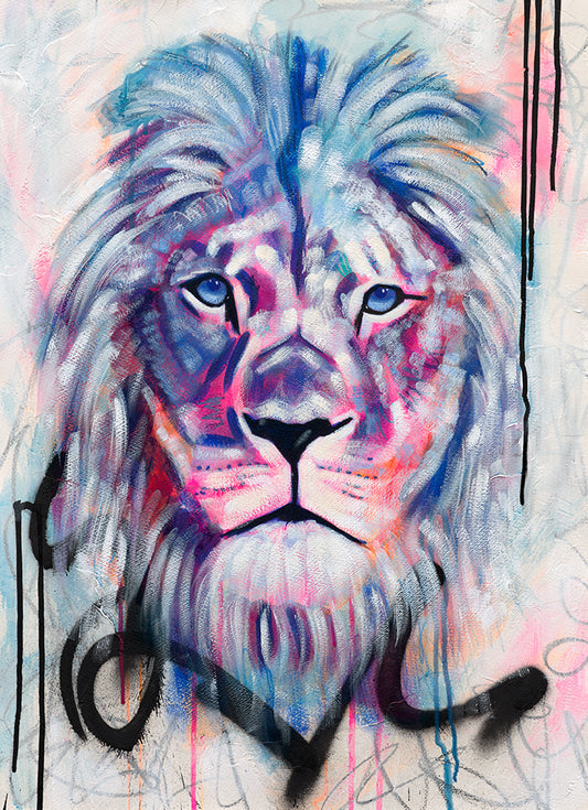 Unapologetically Me lion painting by Australian artist Hanna Edwards, featuring a colourful lion with expressive blue and pink marks and drips.