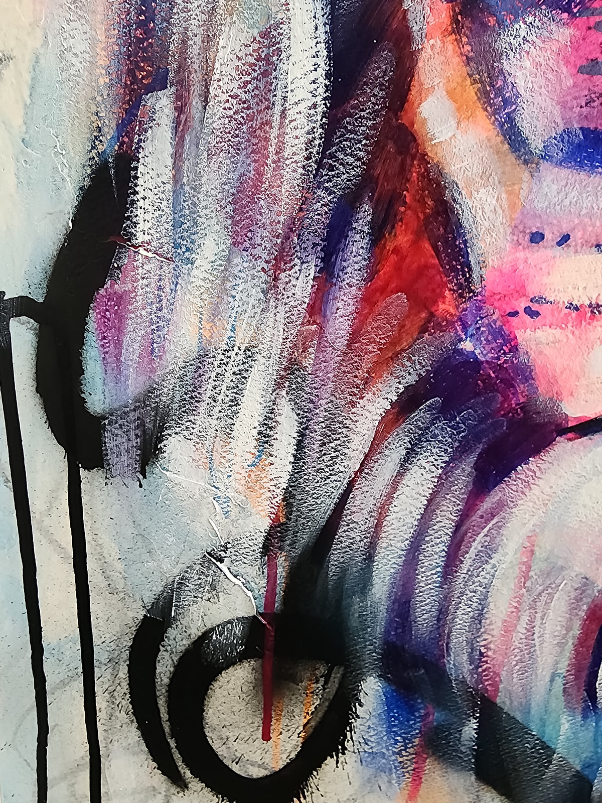Unapologetically Me lion painting by Australian artist Hanna Edwards, featuring a colourful lion with expressive blue and pink marks and drips Close up