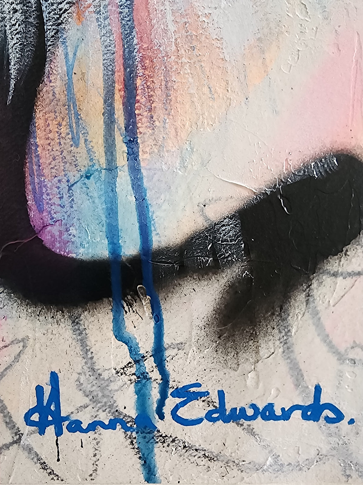 Unapologetically Me lion painting by Australian artist Hanna Edwards, featuring a colourful lion with expressive blue and pink marks and drips. Close up