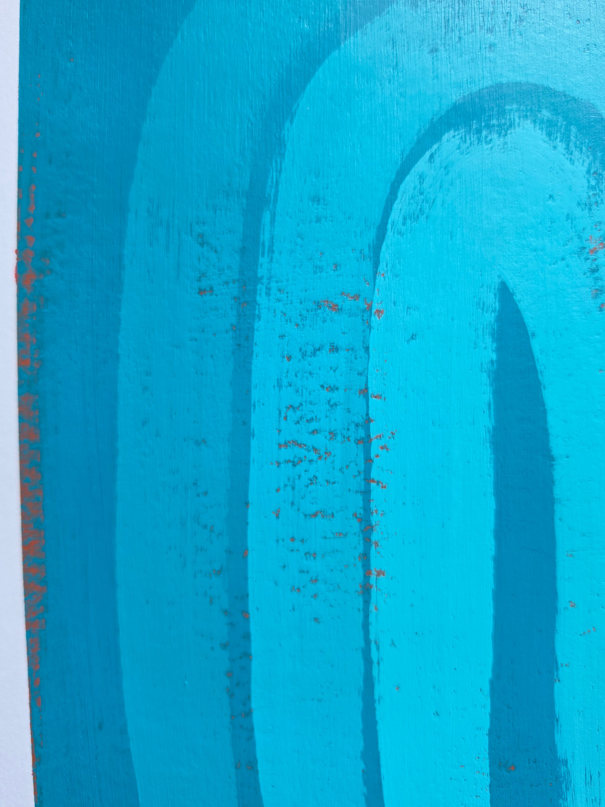  painted artwork featuring arches in turquiosee with visible distressed texture and small red speckles.