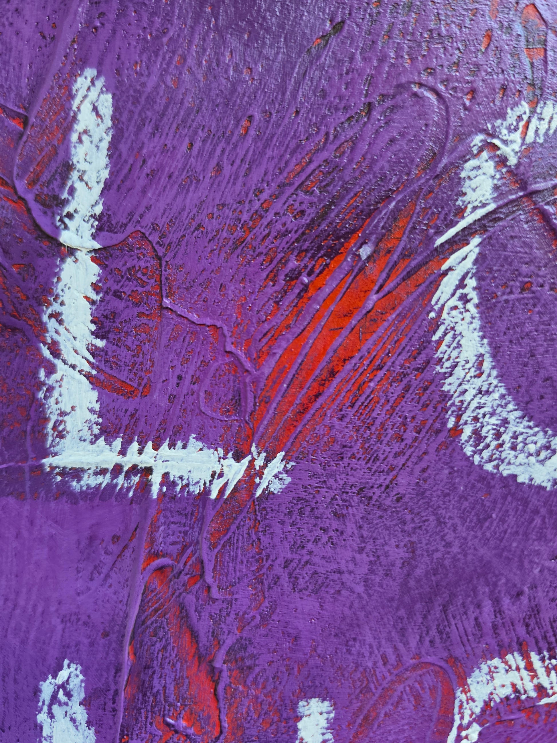 Heavily textured painting in purple with pops of red coming through with the word Love close up