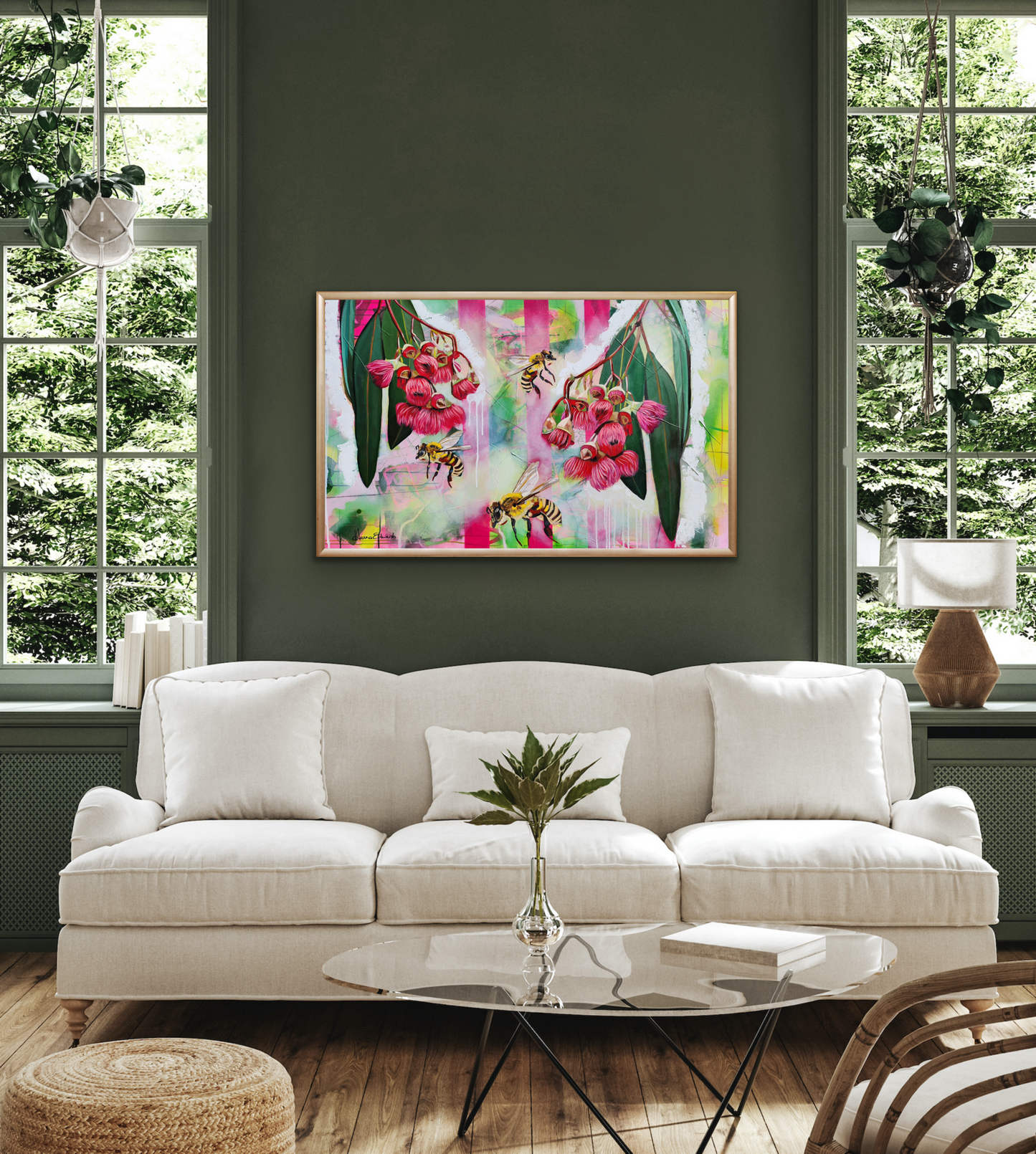 Staged setting painting in mock up frame