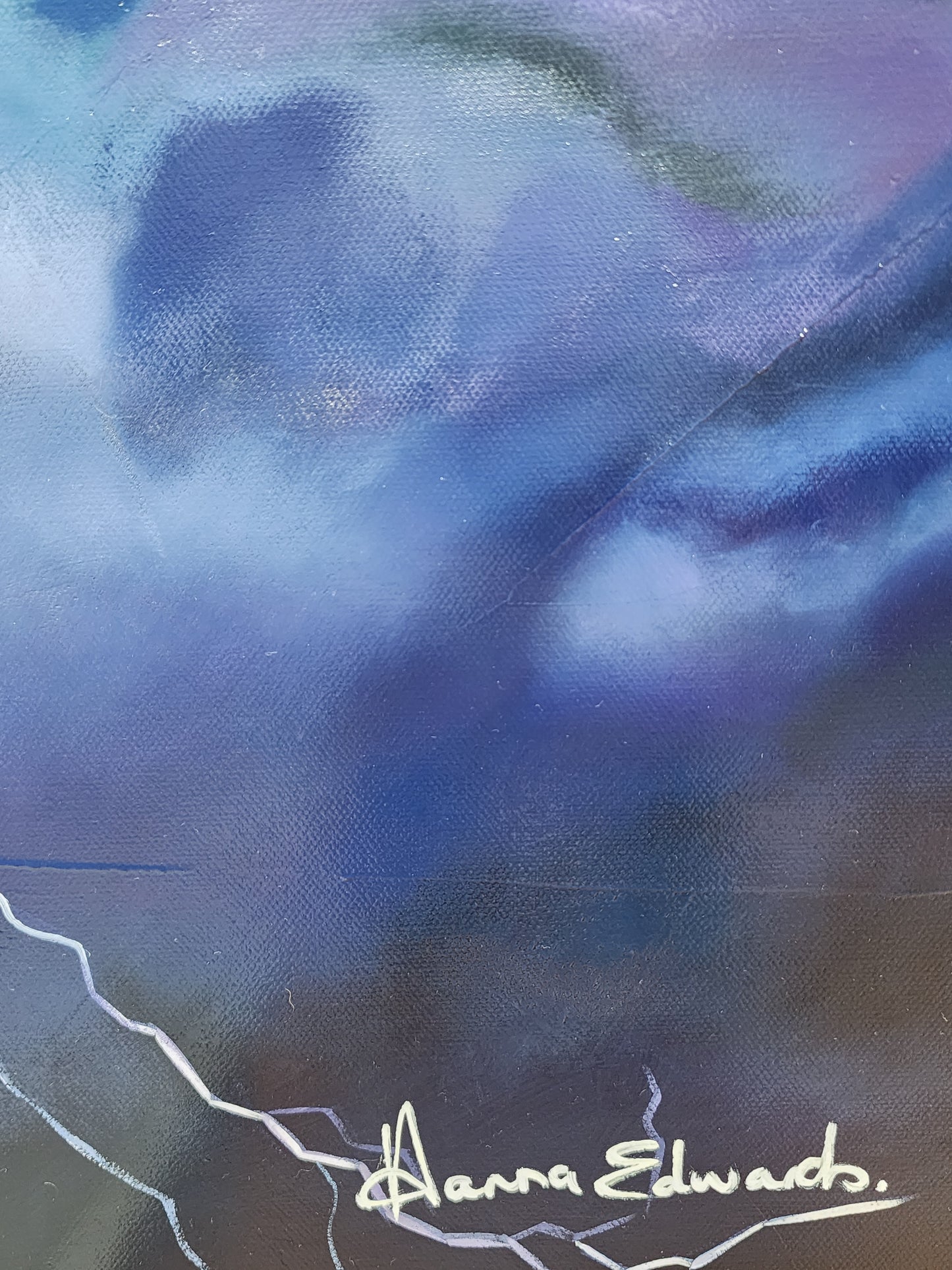 Abstract painting featuring a stormy blue and purple sky with white lightning strokes and the signature 'Hnna Edwards' in the lower right corner.