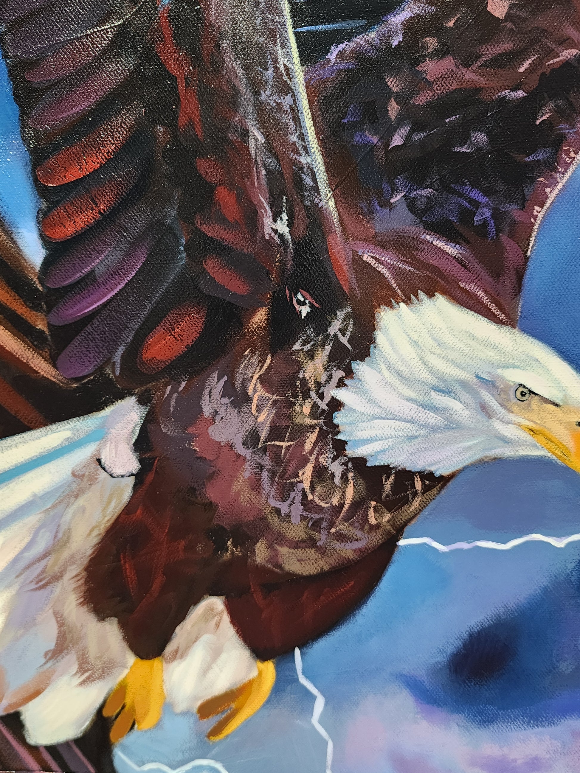 Close-up painted depiction of a bald eagle in flight, with spread wings, a white head, yellow beak and talons, and a blue stormy background with lightning.