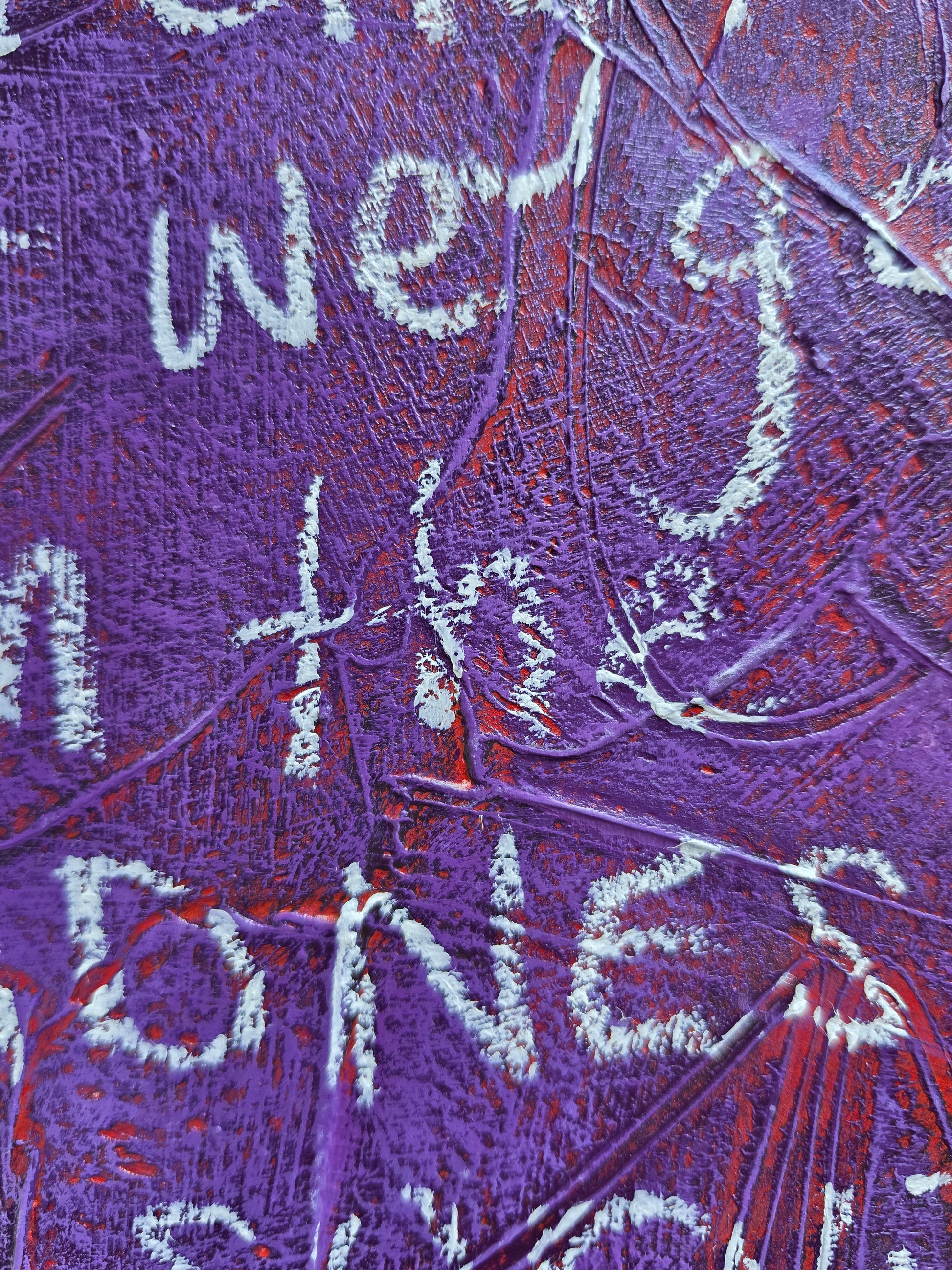 Purple painting with red popping through and heavily textured with quote Strength is what we gain from the maddness we survive in white handwriting 