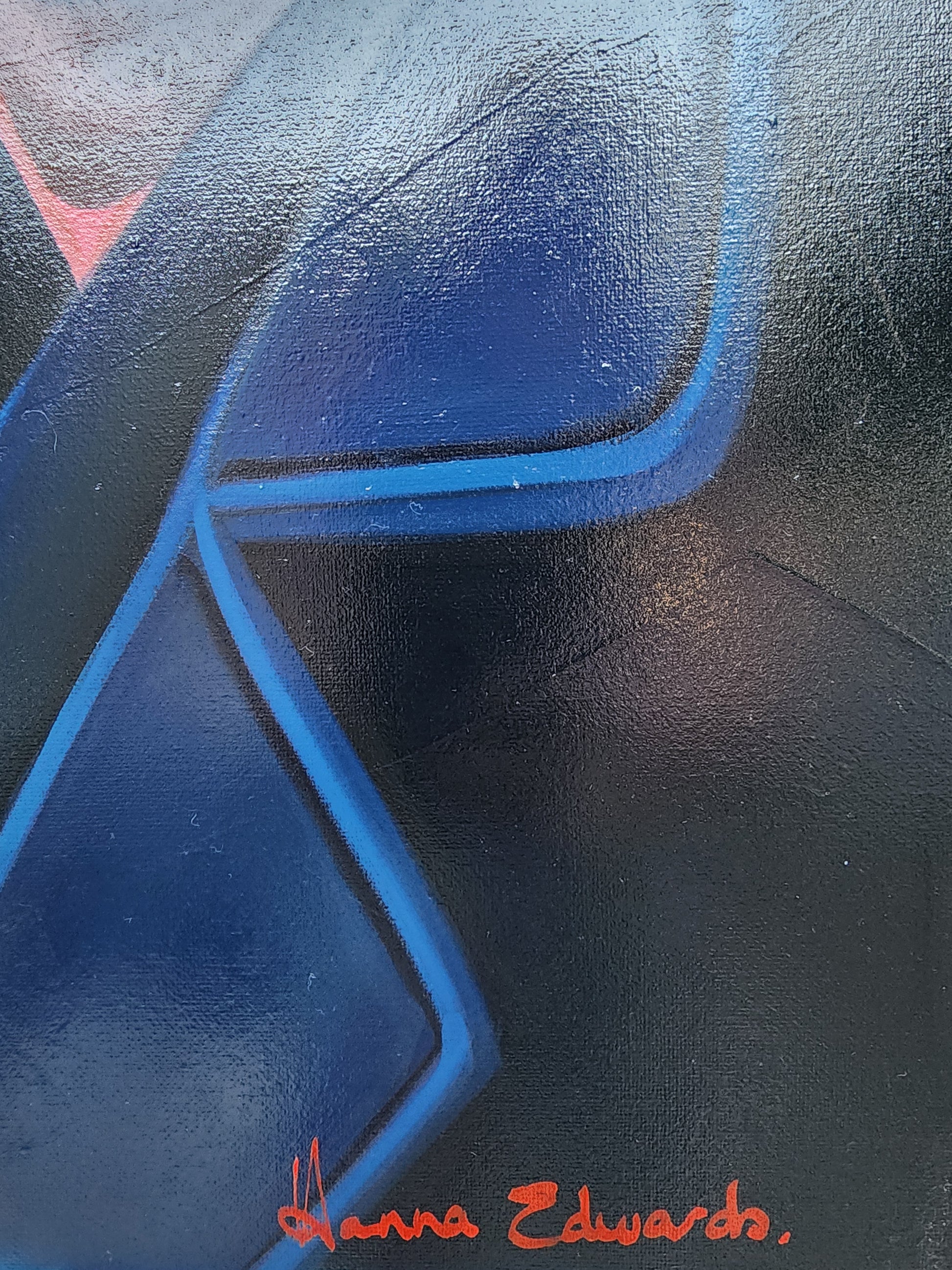 Close up texture in the paintings background featuring a dark blue jacket with artist signature Hanna Edwards in red