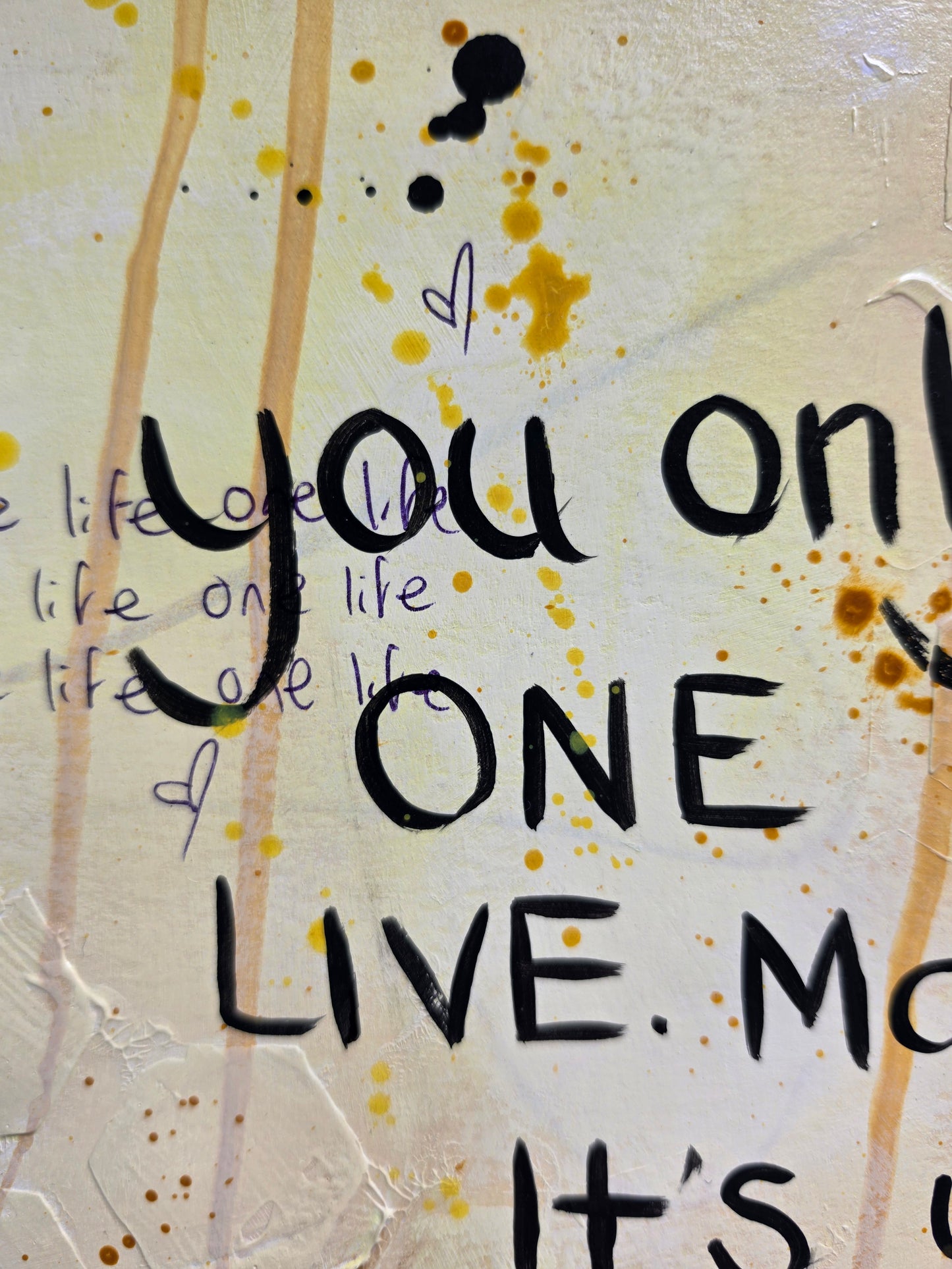 A close-up of a textured cream-colored surface with black hand-lettered text overlaid with yellow and brown paint splatters and drips.