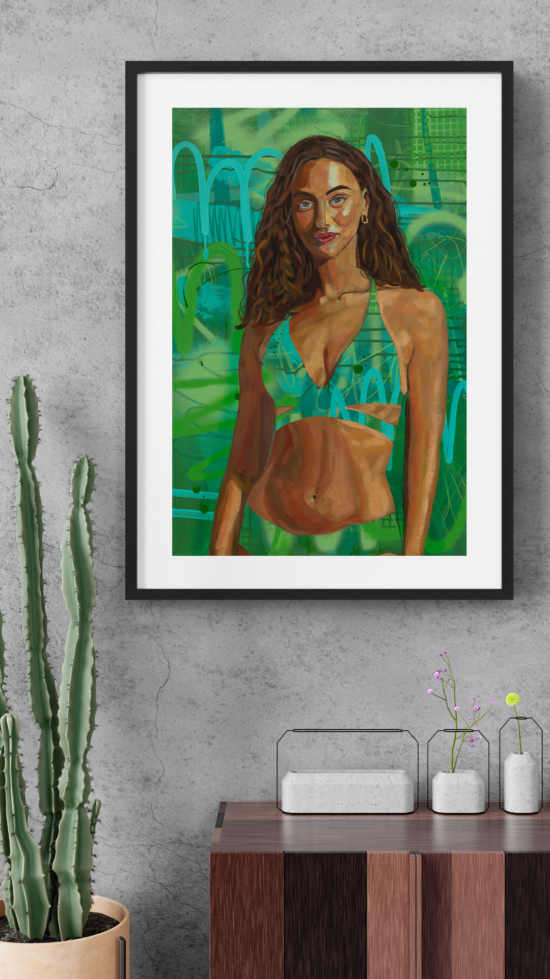 Colourful figurative painting of a woman in a green bikini against a vibrant green abstract background by Australian artist Hanna Edwards. Staged in modern interior.