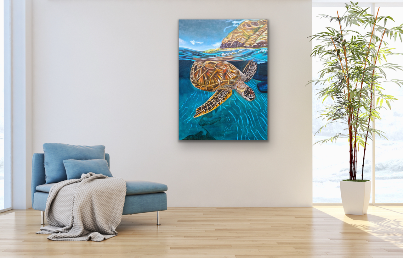 Turtle diving into water Original Painting Staged