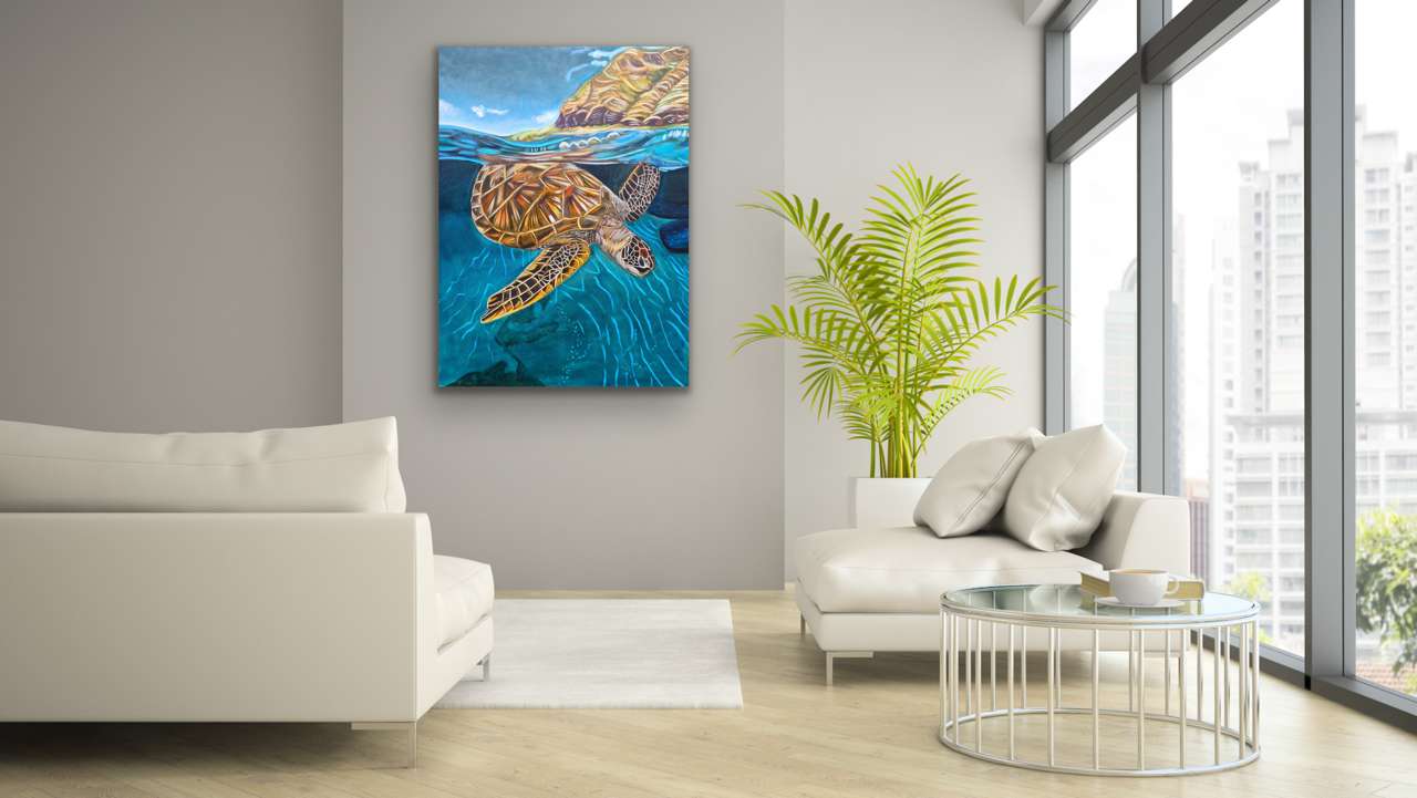 Turtle diving into water Original Painting Staged